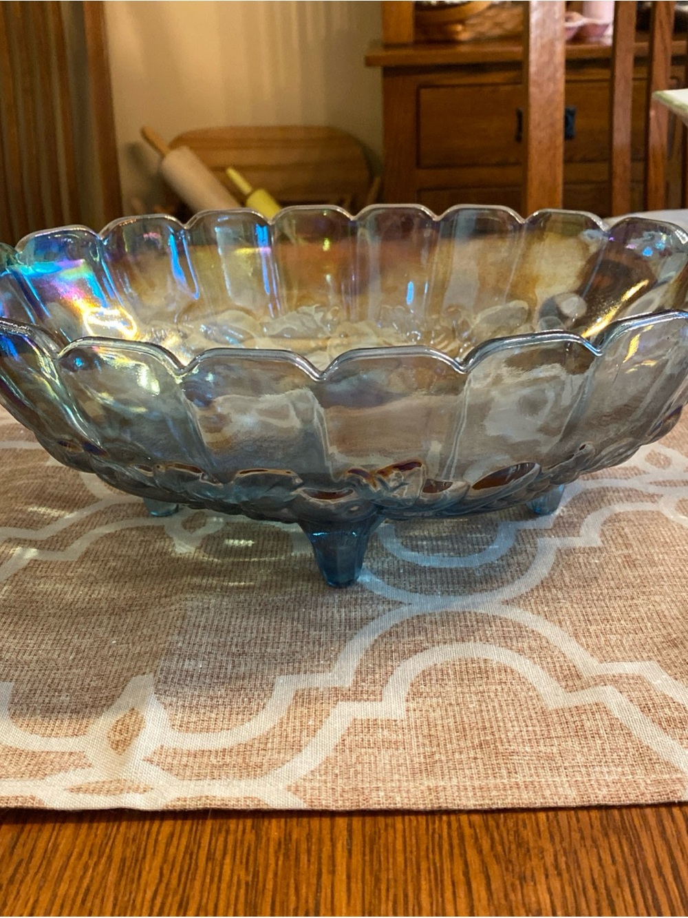 Iridescent Indiana Blue Glass Footed Serving Bowl